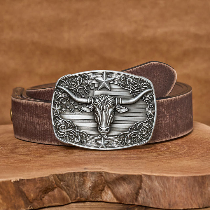 Ceinture en cuir pour homme, style vintage argenté, à rayures étoilées et motif taureau Longhorn. - Ceinture marron vieillie - 42 - image 5