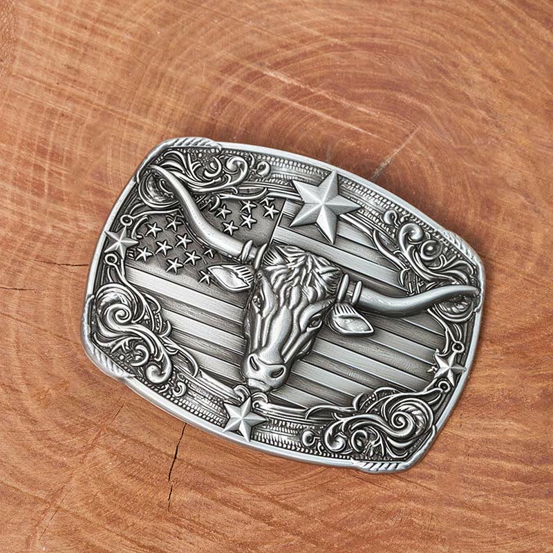 Ceinture en cuir pour homme, style vintage argenté, à rayures étoilées et motif taureau Longhorn. - image 1