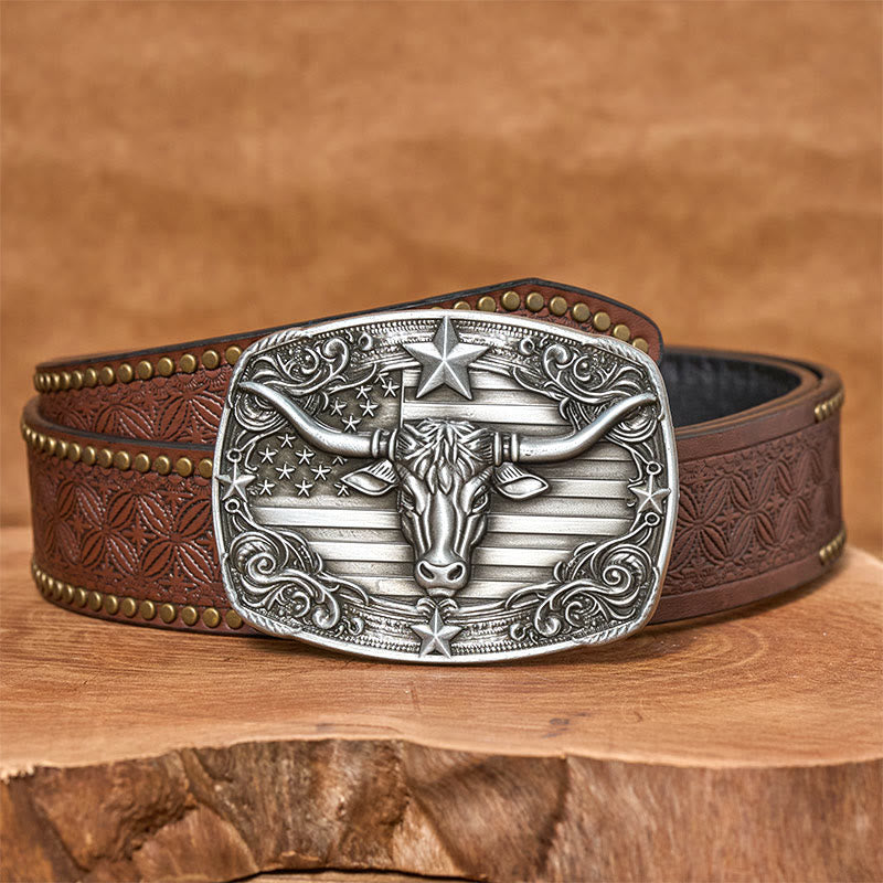 Ceinture en cuir pour homme, style vintage argenté, à rayures étoilées et motif taureau Longhorn. - Ceinture à rivets marron - 42 - image 4