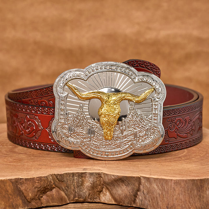Ceinture en cuir pour homme avec boucle en relief argentée à motif tête de taureau du désert occidental - Doré - Ceinture sculptée marron - 42 - image 12