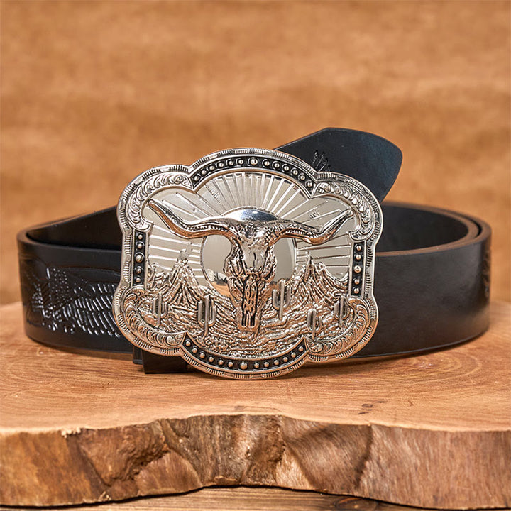 Ceinture en cuir pour homme avec boucle en relief argentée à motif tête de taureau du désert occidental - Argent - Ceinture noire à motif aigle en relief - 42 - image 3