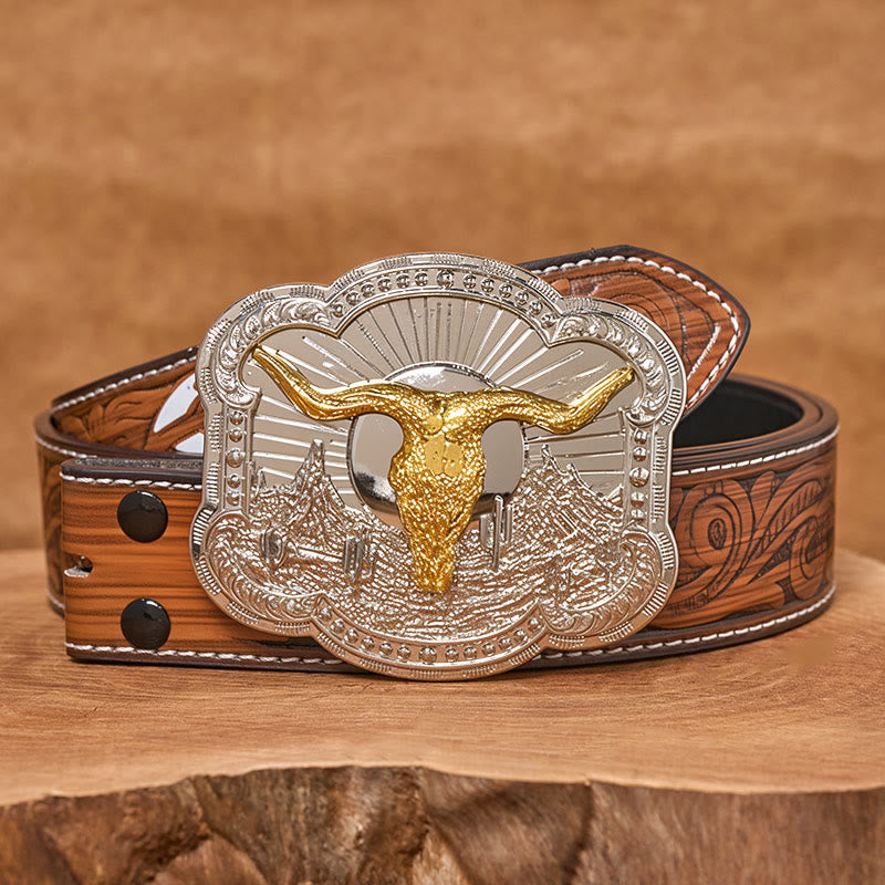 Ceinture en cuir pour homme avec boucle en relief argentée à motif tête de taureau du désert occidental - Doré - Ceinture de plumes brunes - 40 - image 14