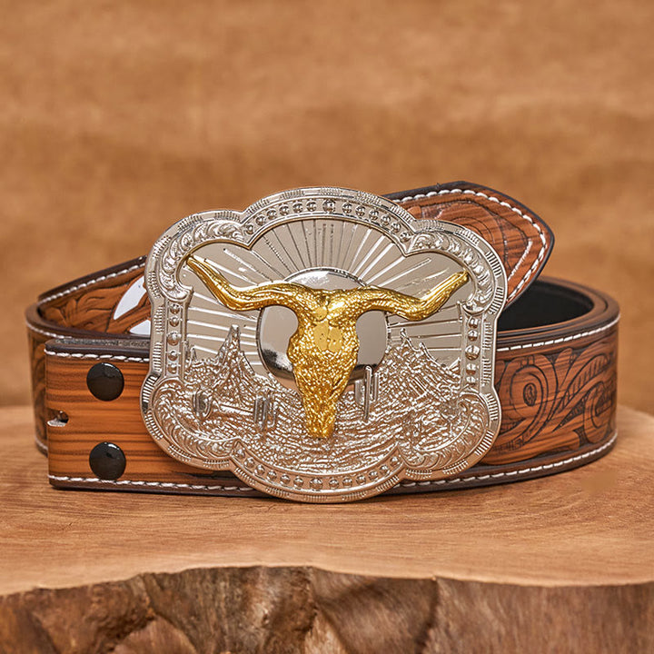 Ceinture en cuir pour homme avec boucle en relief argentée à motif tête de taureau du désert occidental - Doré - Ceinture de plumes brunes - 40 - image 14