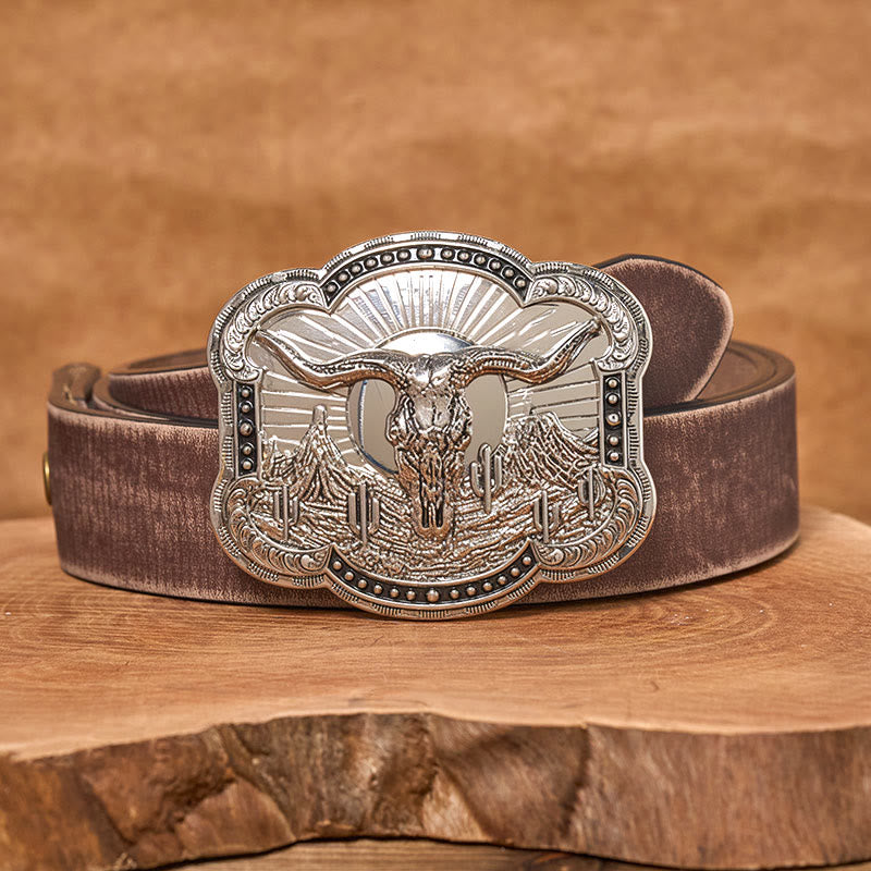 Ceinture en cuir pour homme avec boucle en relief argentée à motif tête de taureau du désert occidental - Argent - Ceinture marron vieillie - 42 - image 9
