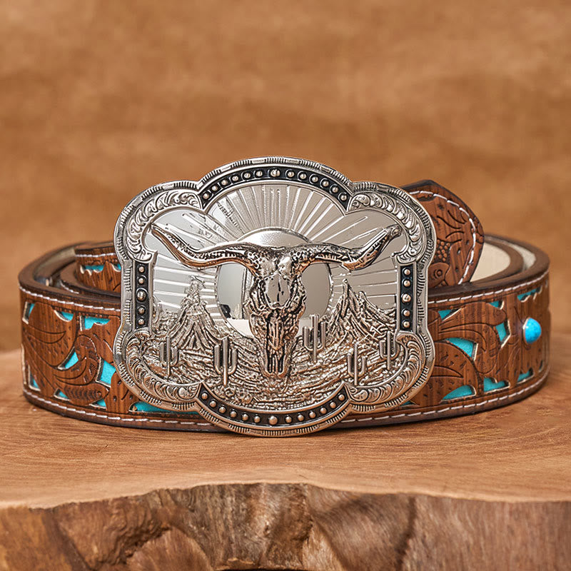 Ceinture en cuir pour homme avec boucle en relief argentée à motif tête de taureau du désert occidental - Argent - Ceinture turquoise sculptée - 42 - image 5