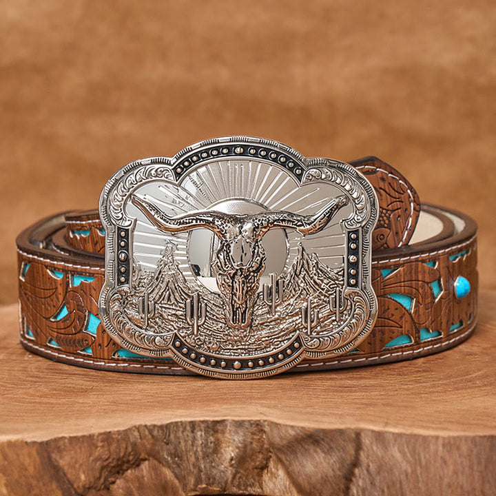 Ceinture en cuir pour homme avec boucle en relief argentée à motif tête de taureau du désert occidental - Argent - Ceinture turquoise sculptée - 42 - image 5