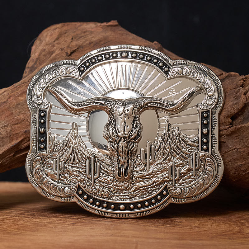 Ceinture en cuir pour homme avec boucle en relief argentée à motif tête de taureau du désert occidental - Argent - Sans ceinture - Ceinture non incluse - image 0
