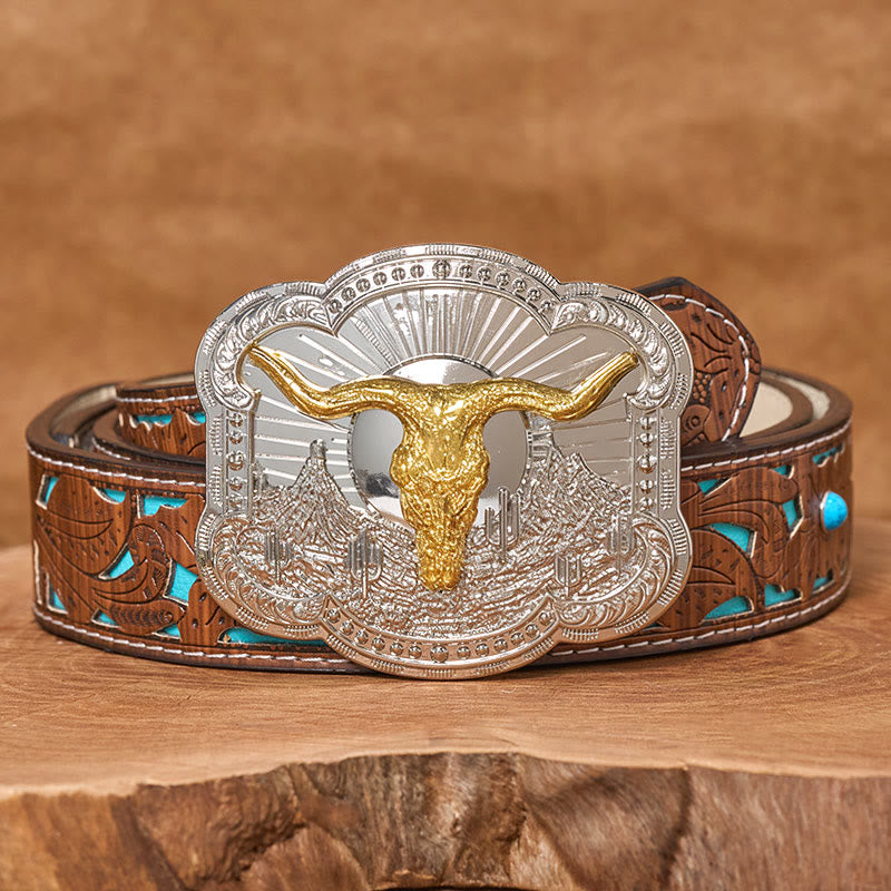 Ceinture en cuir pour homme avec boucle en relief argentée à motif tête de taureau du désert occidental - Doré - Ceinture turquoise sculptée - 42 - image 6