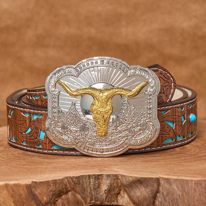 Ceinture en cuir pour homme avec boucle en relief argentée à motif tête de taureau du désert occidental - Doré - Ceinture turquoise sculptée - 42 - image 6