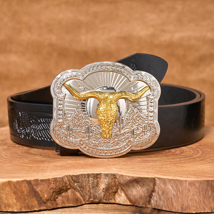 Ceinture en cuir pour homme avec boucle en relief argentée à motif tête de taureau du désert occidental - Doré - Ceinture noire à motif aigle en relief - 42 - image 4