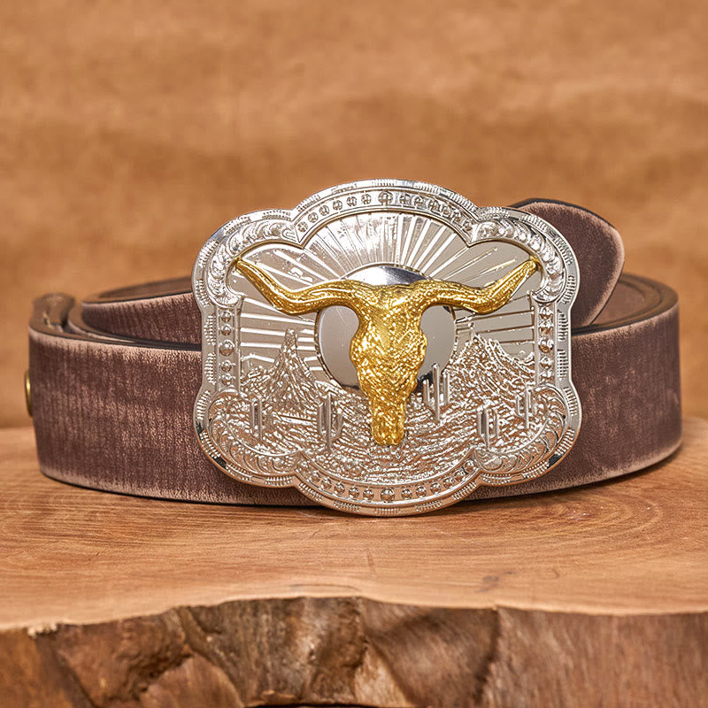 Ceinture en cuir pour homme avec boucle en relief argentée à motif tête de taureau du désert occidental - Doré - Ceinture marron vieillie - 42 - image 10