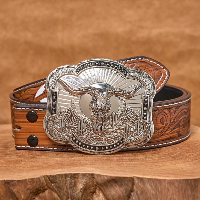Ceinture en cuir pour homme avec boucle en relief argentée à motif tête de taureau du désert occidental - Argent - Ceinture de plumes brunes - 40 - image 13