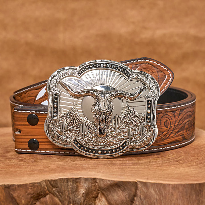 Ceinture en cuir pour homme avec boucle en relief argentée à motif tête de taureau du désert occidental - Argent - Ceinture de plumes brunes - 40 - image 13