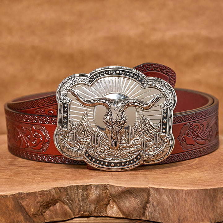Ceinture en cuir pour homme avec boucle en relief argentée à motif tête de taureau du désert occidental - Argent - Ceinture sculptée marron - 42 - image 11