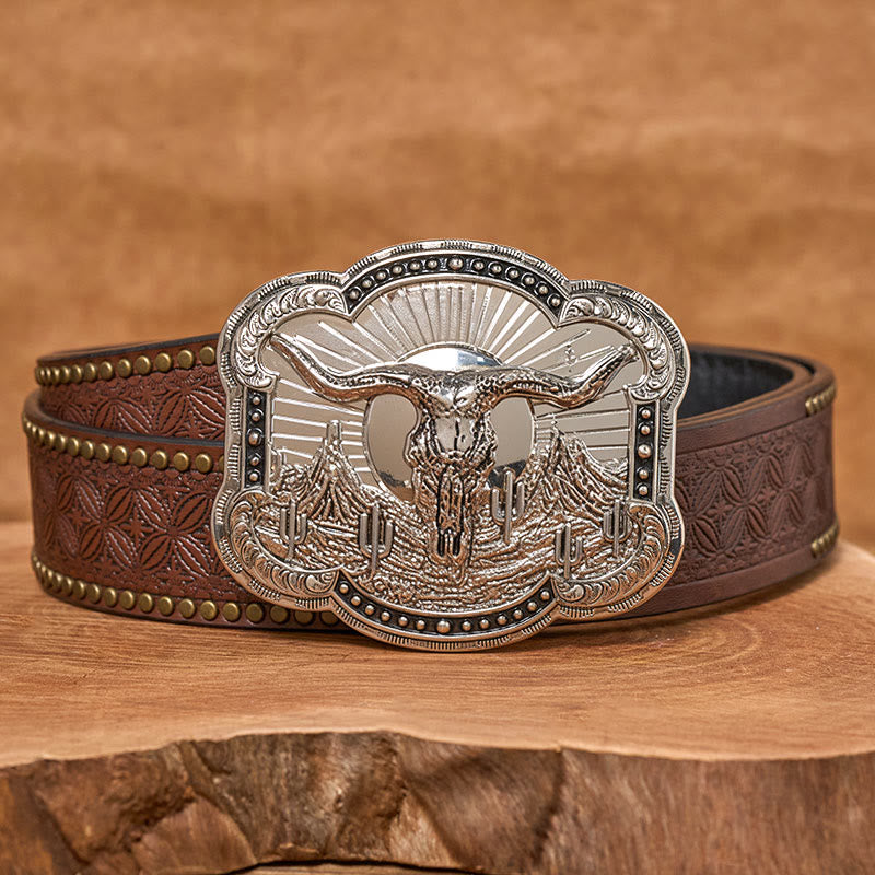 Ceinture en cuir pour homme avec boucle en relief argentée à motif tête de taureau du désert occidental - Argent - Ceinture à rivets marron - 42 - image 7