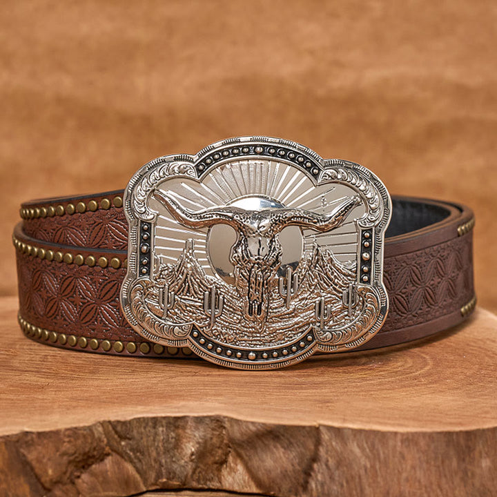 Ceinture en cuir pour homme avec boucle en relief argentée à motif tête de taureau du désert occidental - Argent - Ceinture à rivets marron - 42 - image 7