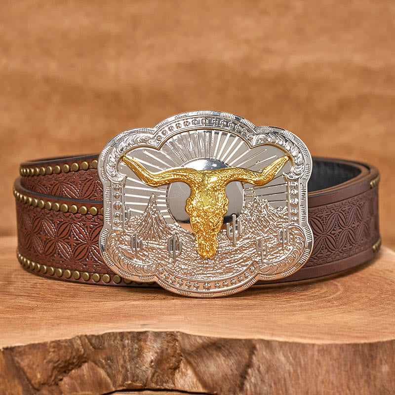 Ceinture en cuir pour homme avec boucle en relief argentée à motif tête de taureau du désert occidental - Doré - Ceinture à rivets marron - 42 - image 8