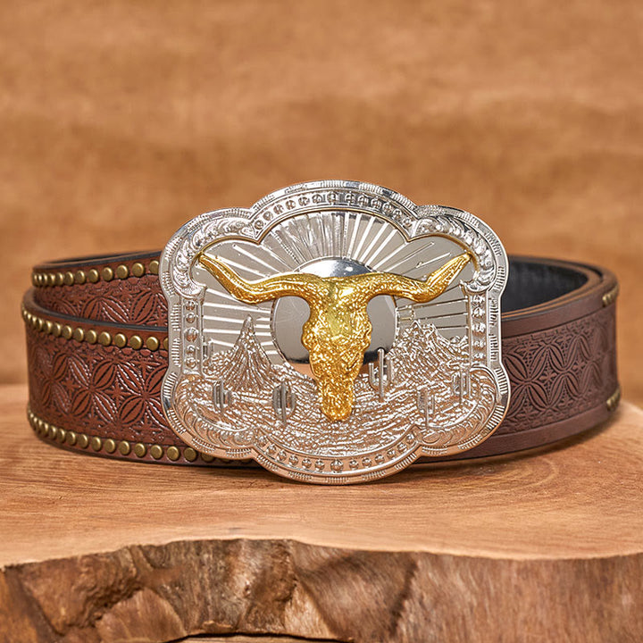 Ceinture en cuir pour homme avec boucle en relief argentée à motif tête de taureau du désert occidental - Doré - Ceinture à rivets marron - 42 - image 8
