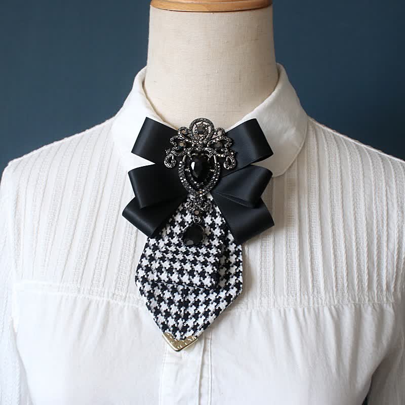 Cravate ornée de cristaux et à motif pied-de-poule pour femme - Noir - image 0