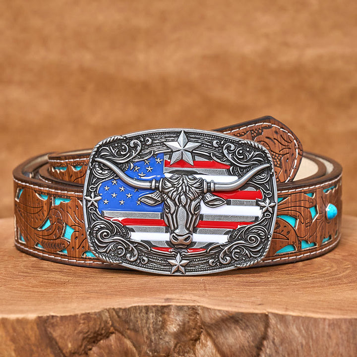Ceinture en cuir pour homme avec boucle en cuir à rayures étoilées et motif taureau Longhorn. - Argent - Ceinture turquoise sculptée - 42 - image 6