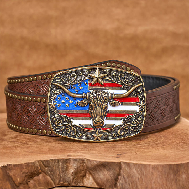 Ceinture en cuir pour homme avec boucle en cuir à rayures étoilées et motif taureau Longhorn. - Bronze - Ceinture à rivets marron - 42 - image 9