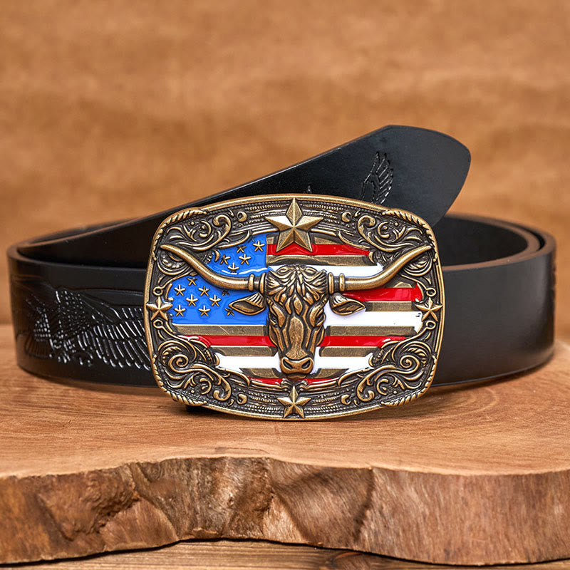 Ceinture en cuir pour homme avec boucle en cuir à rayures étoilées et motif taureau Longhorn. - Bronze - Ceinture noire à motif aigle en relief - 42 - image 5