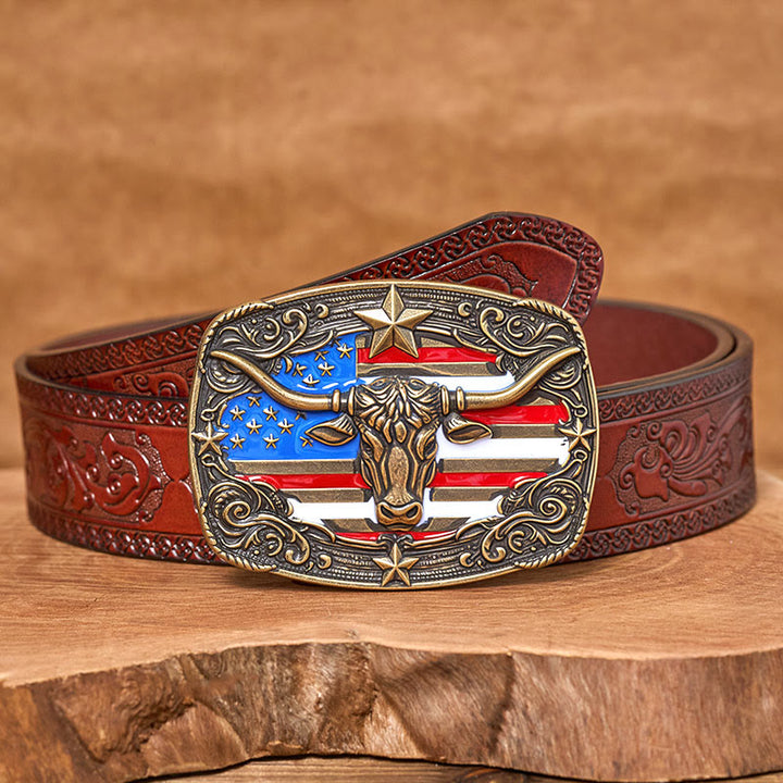 Ceinture en cuir pour homme avec boucle en cuir à rayures étoilées et motif taureau Longhorn. - Bronze - Ceinture sculptée marron - 42 - image 13
