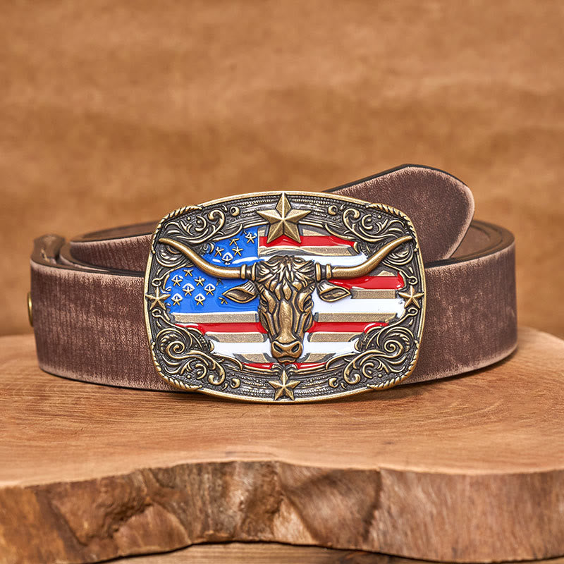 Ceinture en cuir pour homme avec boucle en cuir à rayures étoilées et motif taureau Longhorn. - Bronze - Ceinture marron vieillie - 42 - image 11