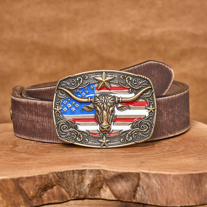 Ceinture en cuir pour homme avec boucle en cuir à rayures étoilées et motif taureau Longhorn. - Bronze - Ceinture marron vieillie - 42 - image 11