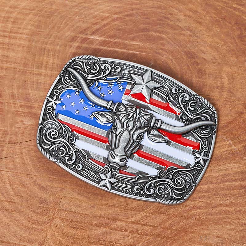 Ceinture en cuir pour homme avec boucle en cuir à rayures étoilées et motif taureau Longhorn. - image 1