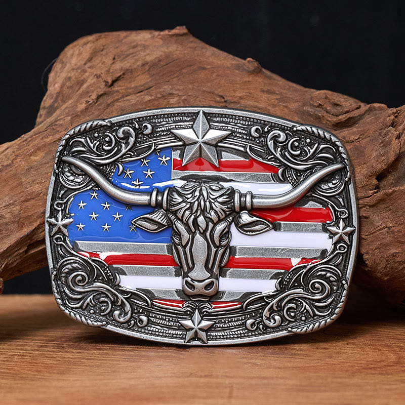 Ceinture en cuir pour homme avec boucle en cuir à rayures étoilées et motif taureau Longhorn. - Argent - Sans ceinture - Ceinture non incluse - image 0