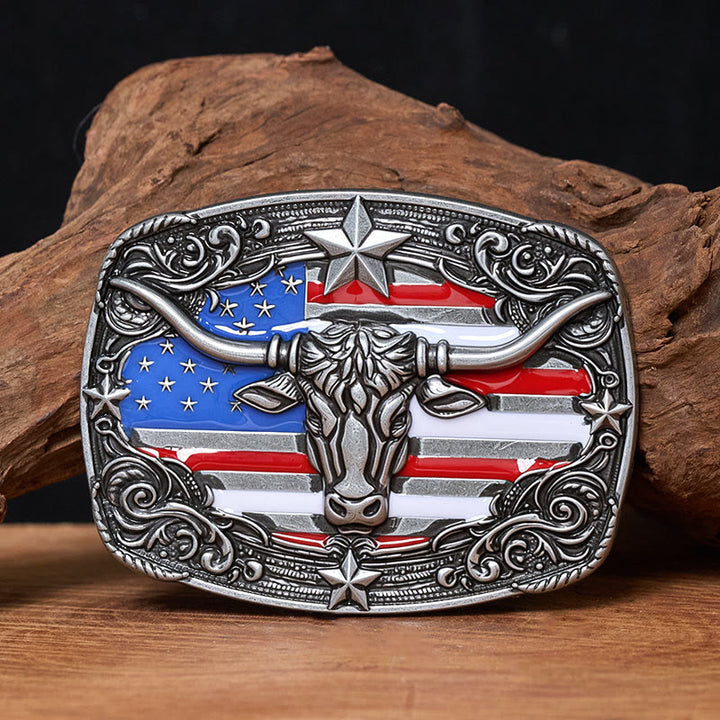 Ceinture en cuir pour homme avec boucle en cuir à rayures étoilées et motif taureau Longhorn. - Argent - Sans ceinture - Ceinture non incluse - image 0