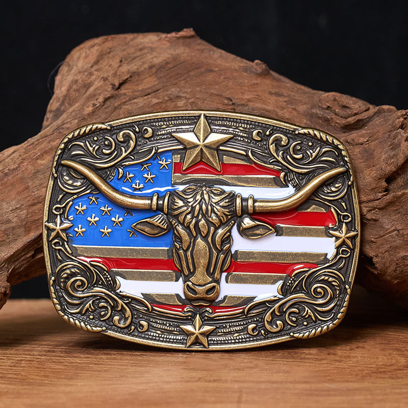 Ceinture en cuir pour homme avec boucle en cuir à rayures étoilées et motif taureau Longhorn. - Bronze - Sans ceinture - Ceinture non incluse - image 2