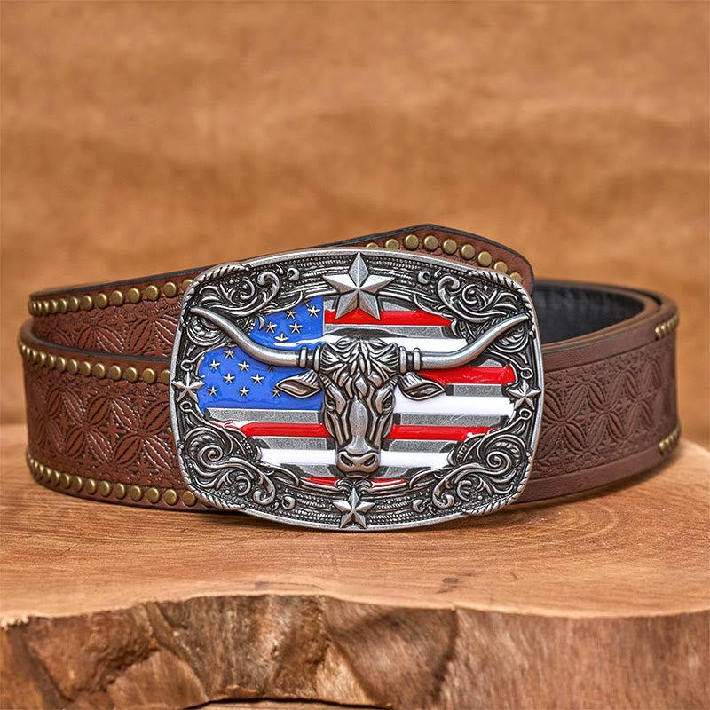 Ceinture en cuir pour homme avec boucle en cuir à rayures étoilées et motif taureau Longhorn. - Argent - Ceinture à rivets marron - 42 - image 8