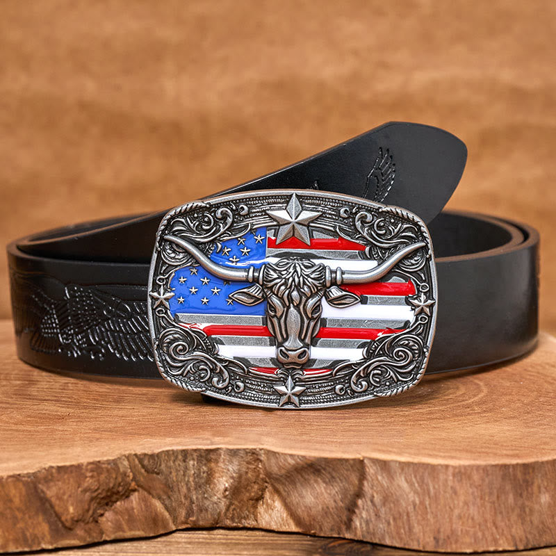 Ceinture en cuir pour homme avec boucle en cuir à rayures étoilées et motif taureau Longhorn. - Argent - Ceinture noire à motif aigle en relief - 42 - image 4