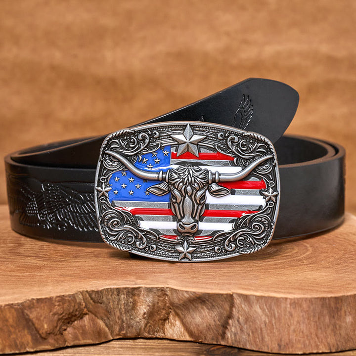 Ceinture en cuir pour homme avec boucle en cuir à rayures étoilées et motif taureau Longhorn. - Argent - Ceinture noire à motif aigle en relief - 42 - image 4