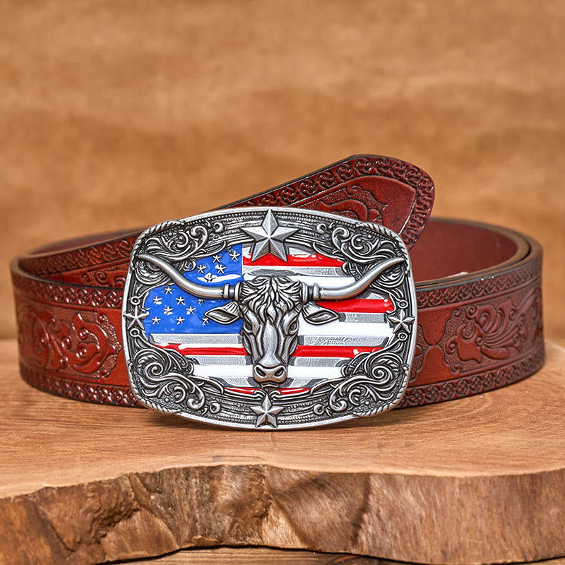 Ceinture en cuir pour homme avec boucle en cuir à rayures étoilées et motif taureau Longhorn. - Argent - Ceinture sculptée marron - 42 - image 12