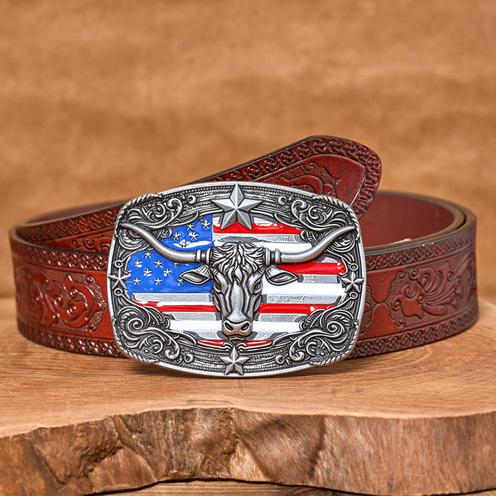 Ceinture en cuir pour homme avec boucle en cuir à rayures étoilées et motif taureau Longhorn. - Argent - Ceinture sculptée marron - 42 - image 12
