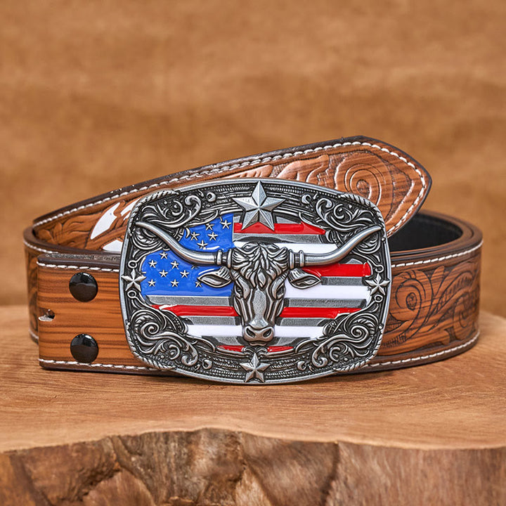 Ceinture en cuir pour homme avec boucle en cuir à rayures étoilées et motif taureau Longhorn. - Argent - Ceinture de plumes brunes - 40 - image 14