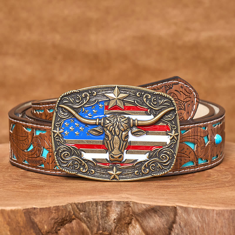 Ceinture en cuir pour homme avec boucle en cuir à rayures étoilées et motif taureau Longhorn. - Bronze - Ceinture turquoise sculptée - 42 - image 7