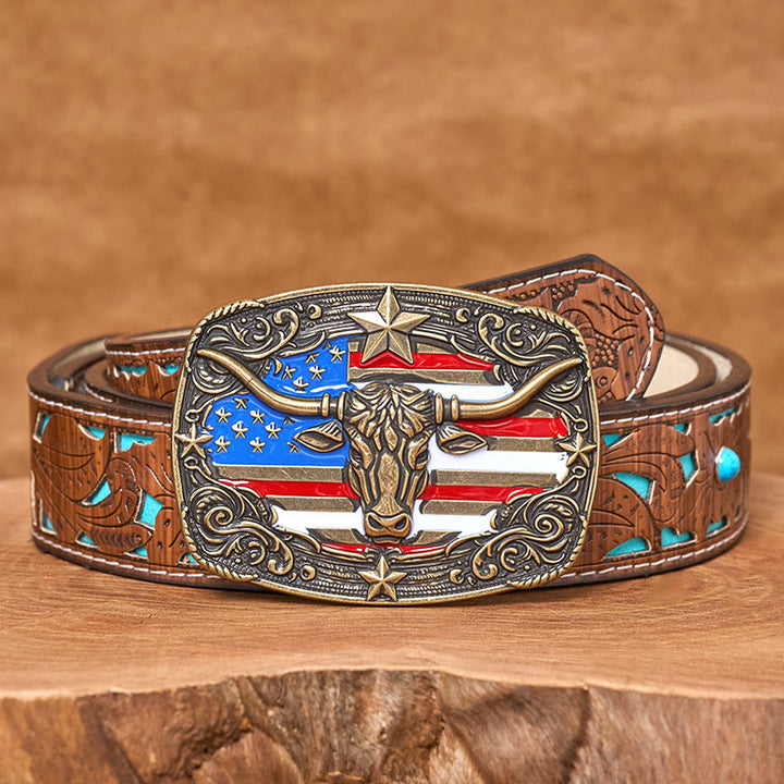 Ceinture en cuir pour homme avec boucle en cuir à rayures étoilées et motif taureau Longhorn. - Bronze - Ceinture turquoise sculptée - 42 - image 7