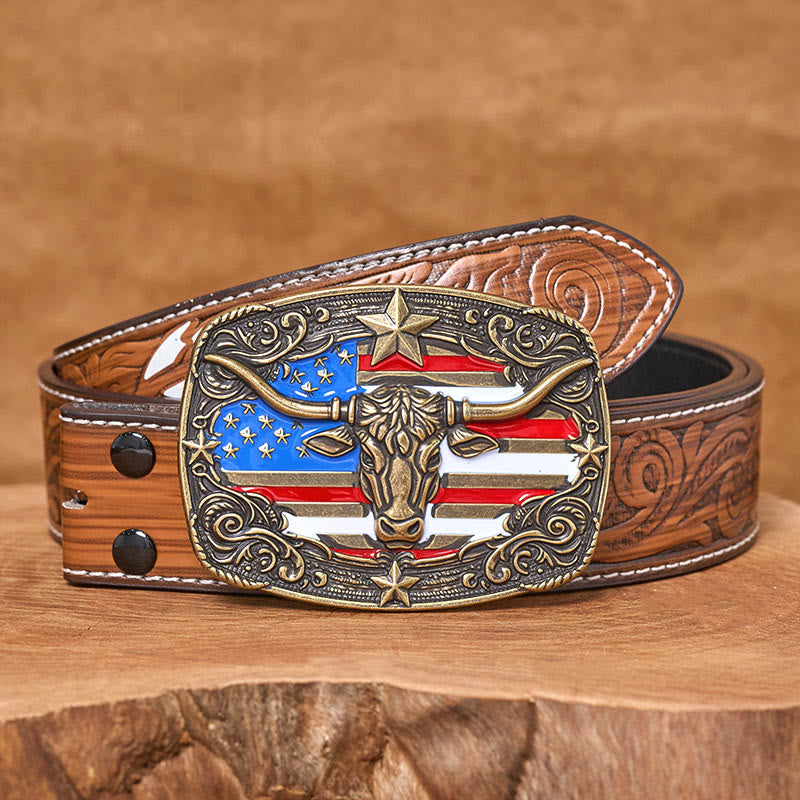 Ceinture en cuir pour homme avec boucle en cuir à rayures étoilées et motif taureau Longhorn. - Bronze - Ceinture de plumes brunes - 40 - image 15