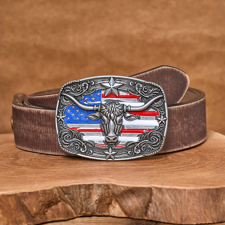 Ceinture en cuir pour homme avec boucle en cuir à rayures étoilées et motif taureau Longhorn. - Argent - Ceinture marron vieillie - 42 - image 10