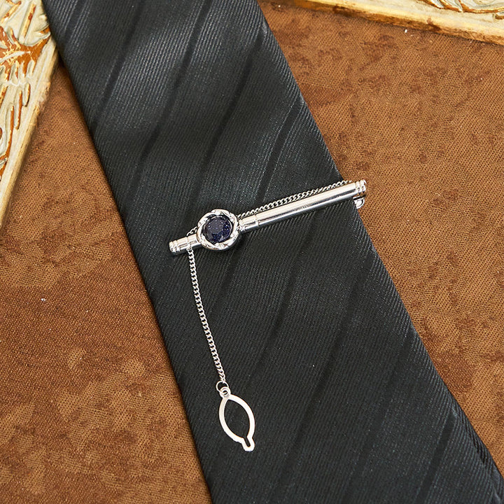 Ensemble cravate, pince à cravate et boutons de manchette en grès bleu de luxe pour homme - image 2