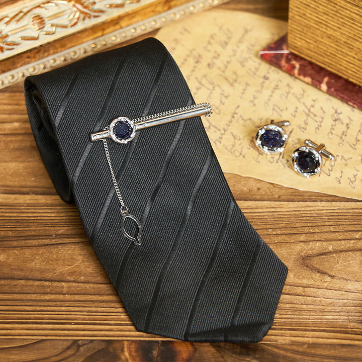 Ensemble cravate, pince à cravate et boutons de manchette en grès bleu de luxe pour homme - Style n° 1 - image 0
