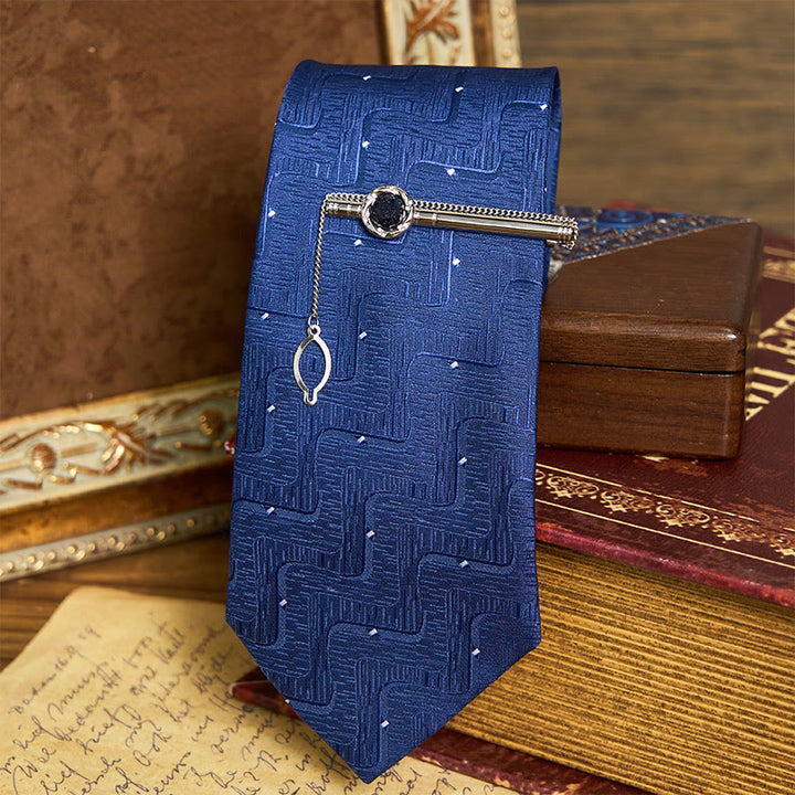 Ensemble cravate, pince à cravate et boutons de manchette en grès bleu de luxe pour homme - Style n° 2 - image 3