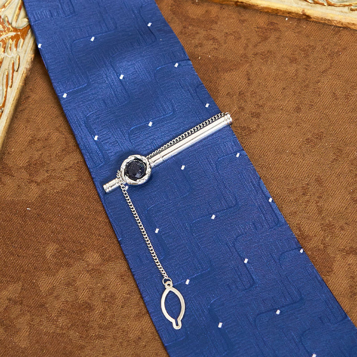 Ensemble cravate, pince à cravate et boutons de manchette en grès bleu de luxe pour homme - image 4