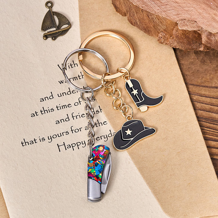Pendentif botte et chapeau style western, porte-clés couteau pliant coloré - image 2