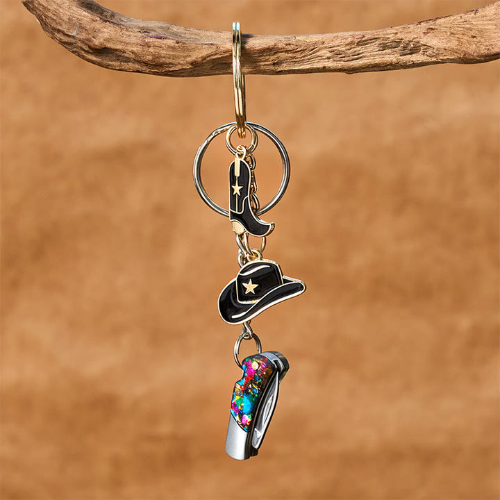 Pendentif botte et chapeau style western, porte-clés couteau pliant coloré - Noir - image 0