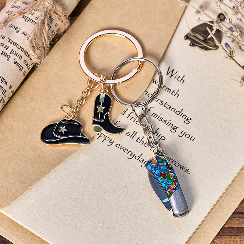 Pendentif botte et chapeau style western, porte-clés couteau pliant coloré - image 1